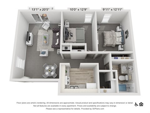 A 3D floor plan of an apartment with dimensions and a disclaimer.
